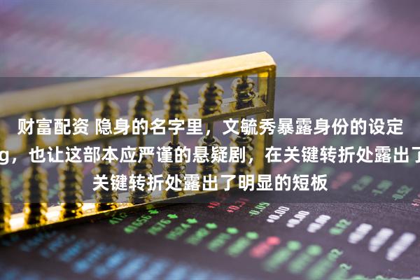 财富配资 隐身的名字里,文毓秀暴露身份的设定就是个大Bug,也让这部本应严谨的悬疑剧,在关键转折处露出了明显的短板